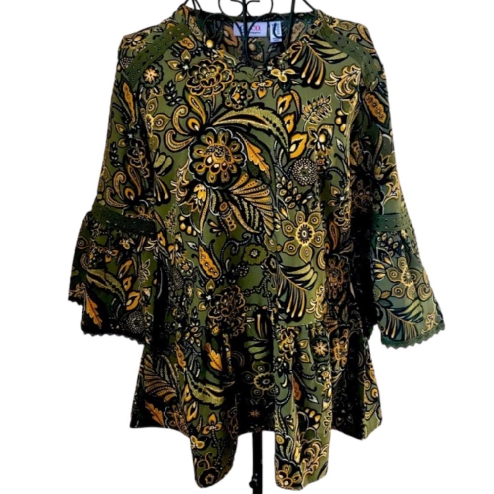 Denim & Co Olive Gold Paisley Peasant Blouse Bell Sleeves Crochet, Oversized XXS